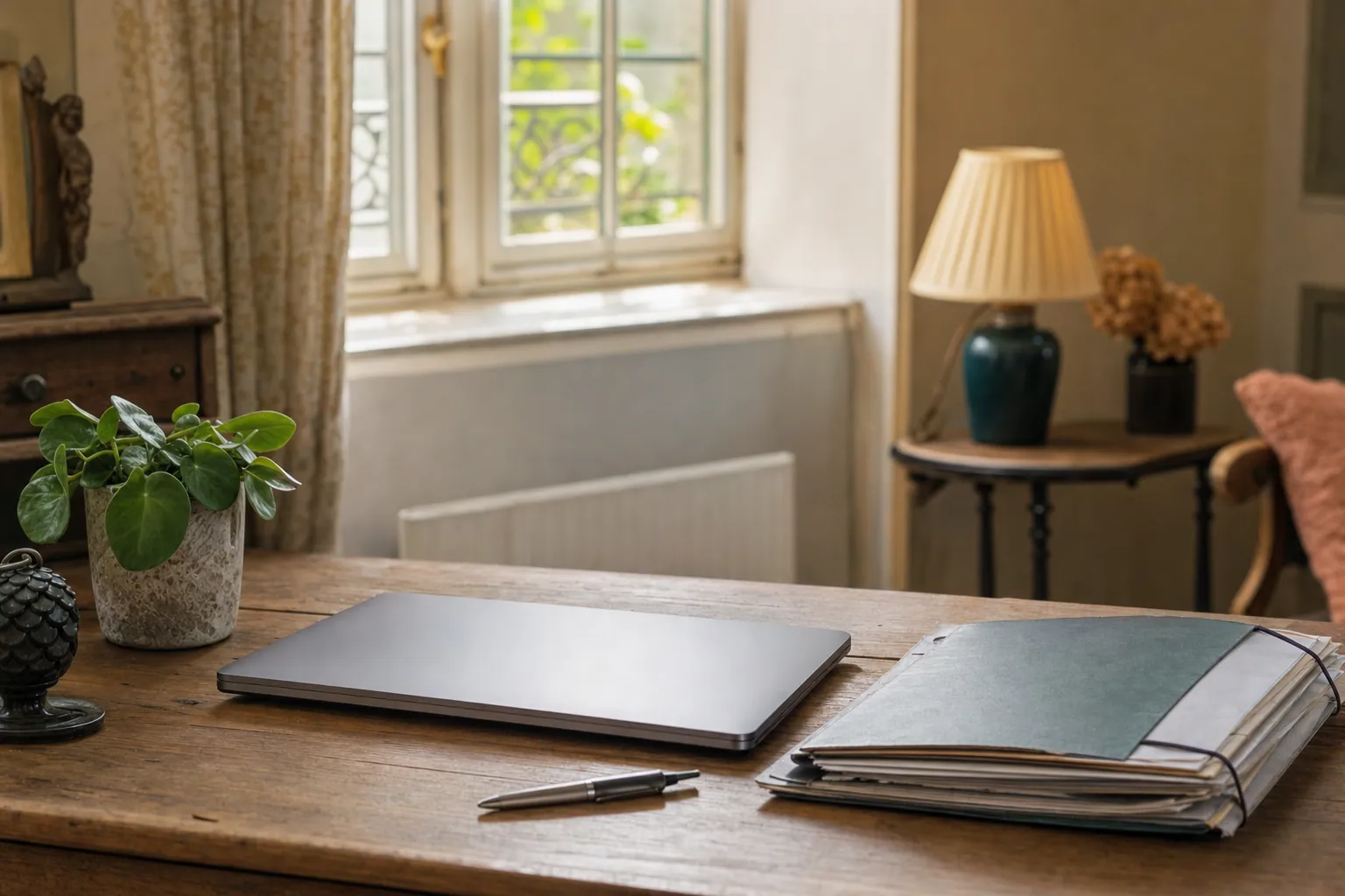 Bureau calme avec dossier de documents et plante