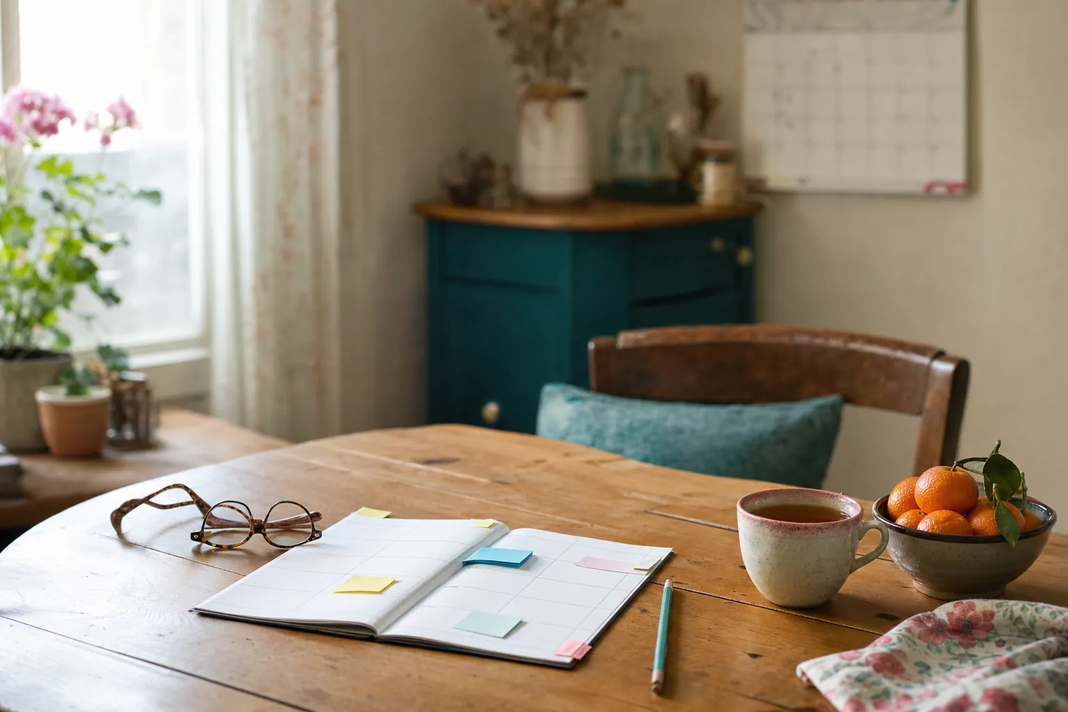 Agenda de la semaine ouvert sur une table de cuisine, avec des marque-pages de couleur, une tasse de thé et des lunettes