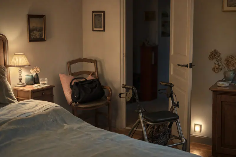 Chambre éclairée par une lampe de chevet, un déambulateur près du lit et une veilleuse allumée vers le couloir