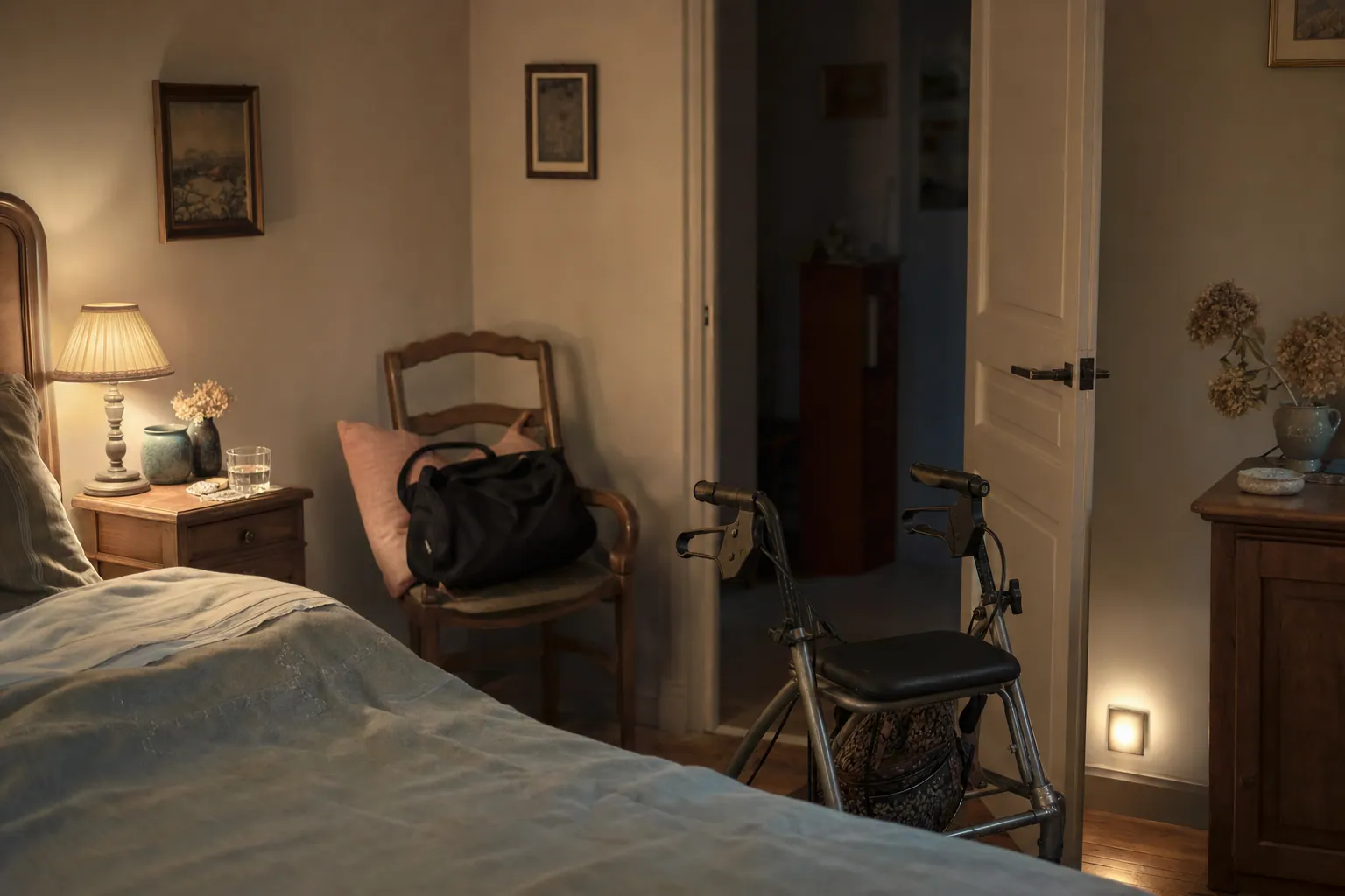 Chambre éclairée par une lampe de chevet, un déambulateur près du lit et une veilleuse allumée vers le couloir
