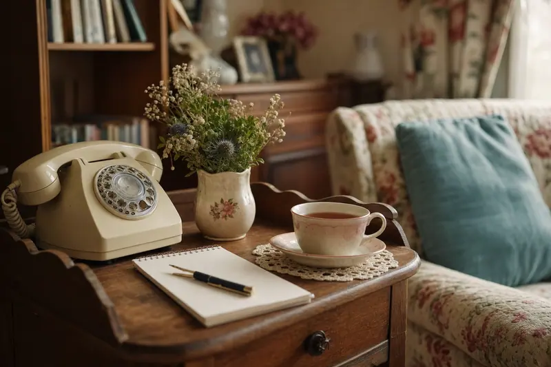 Téléphone vintage et carnet sur une table de salon