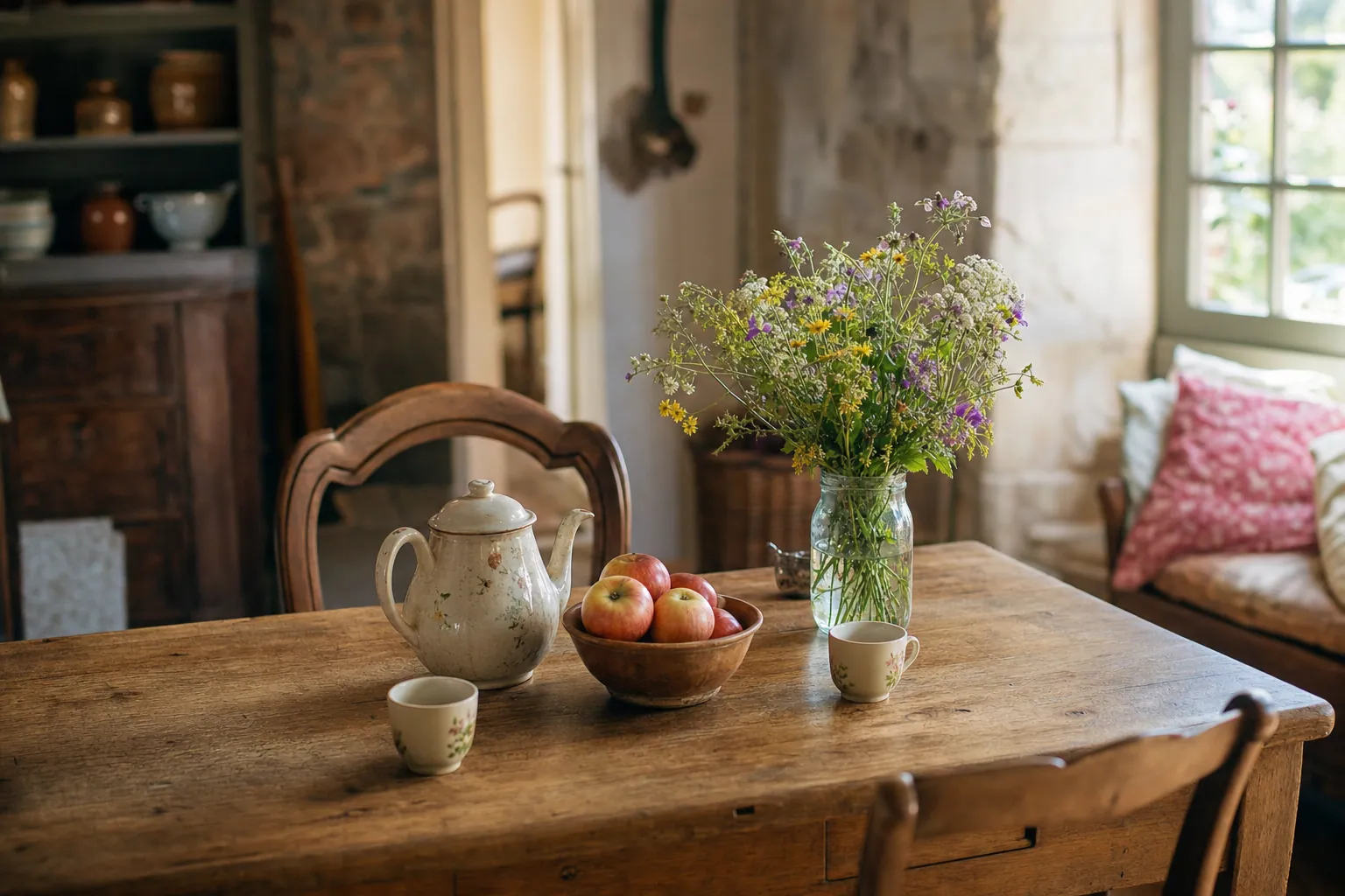 Table de ferme sarthoise, théière et fleurs des champs