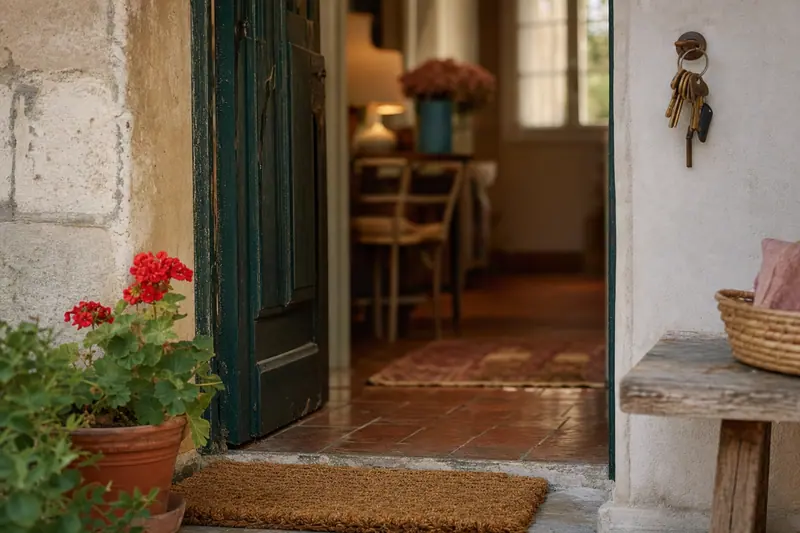 Entrée accueillante d'une maison avec porte entrouverte