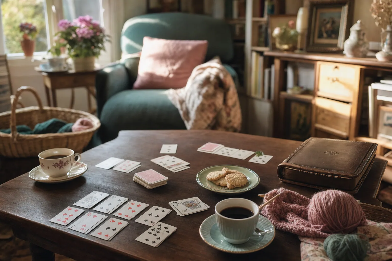 Table de salon avec jeu de cartes et café