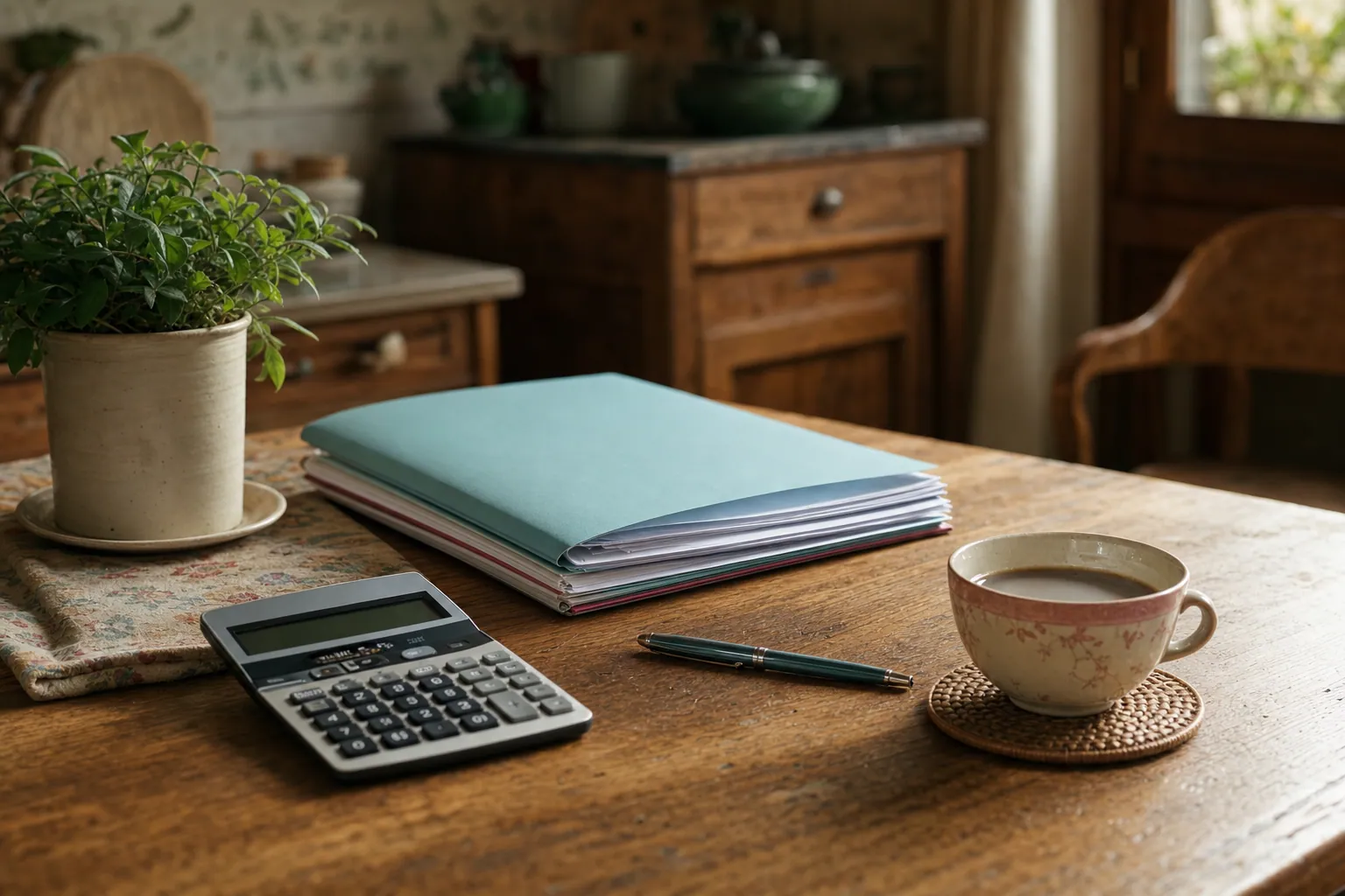 Table de cuisine avec calculatrice, dossier et tasse de café